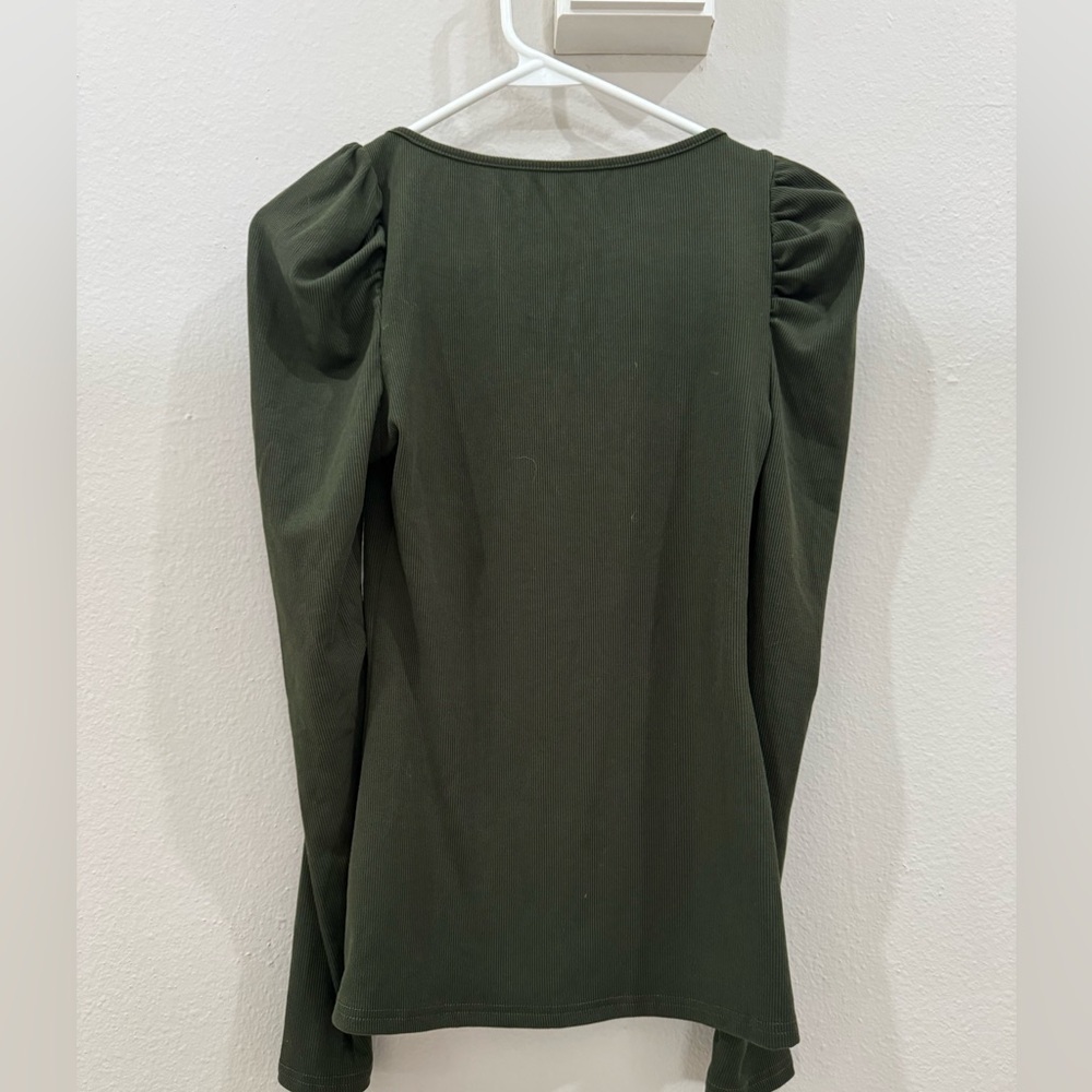 Dark Green Puff Sleeve Ribbed Long Sleeve Top - Picture 2 of 2